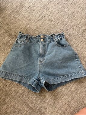 High-Rise Elastic Paperbag Denim Shorts - Light Blue